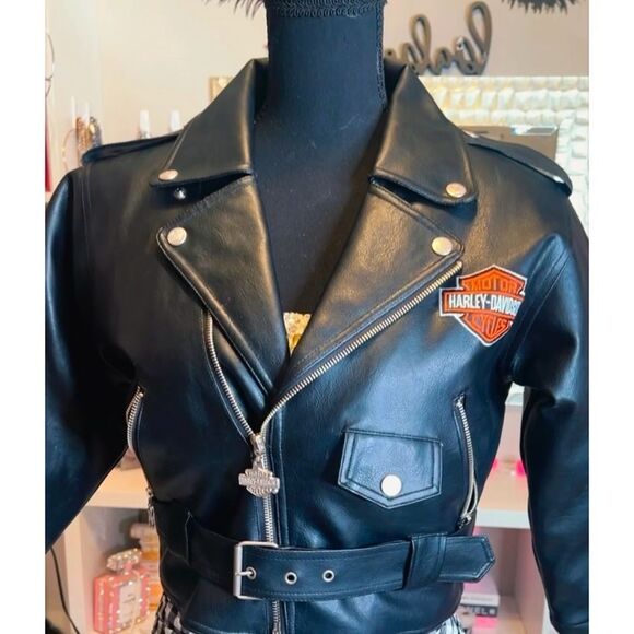 🕶️ Harley Davidson black faux leather moto jacket size small unisex like new - Picture 3 of 14